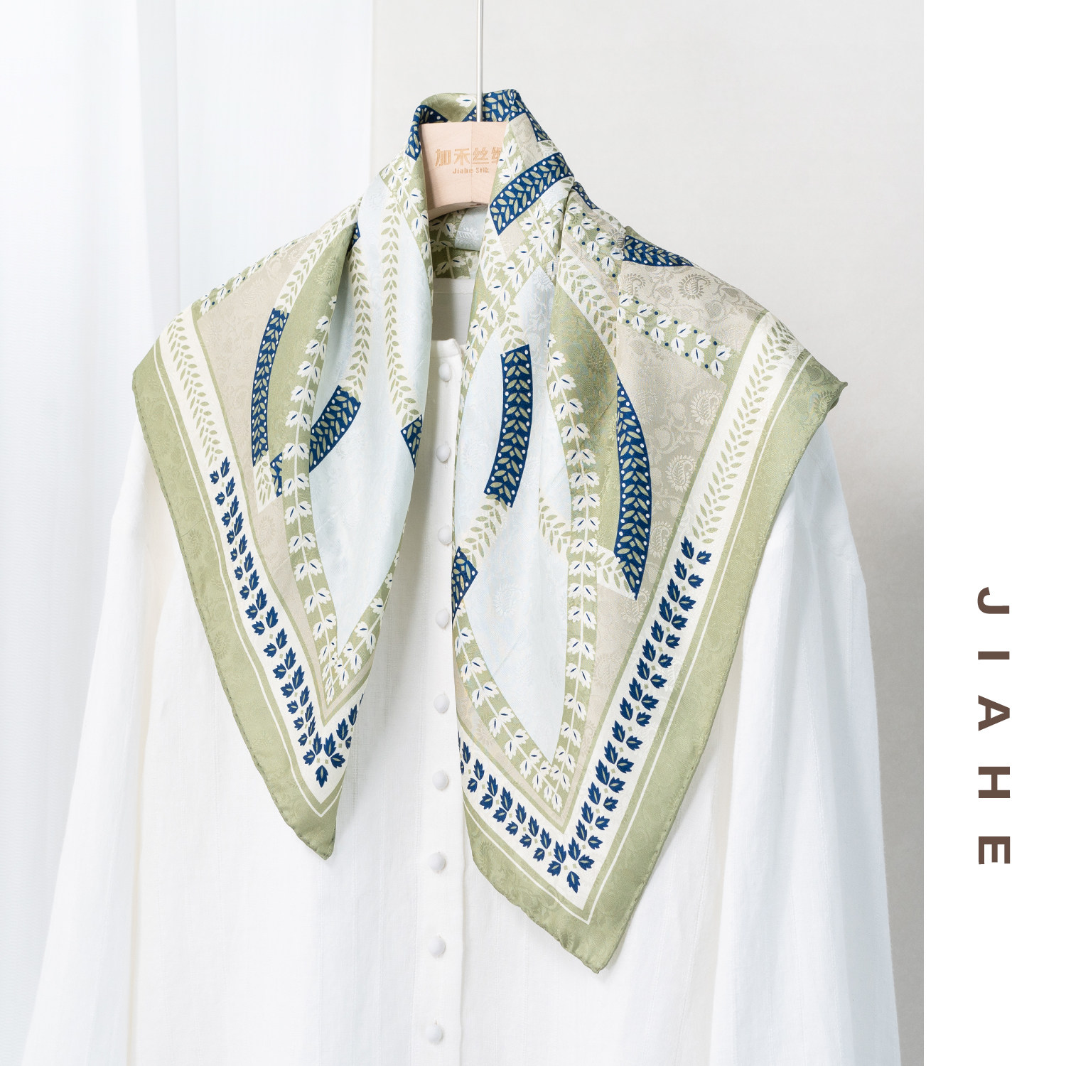 加禾【青禾叶语】16姆米桑蚕丝提花桑波段围巾丝巾小方巾65*65