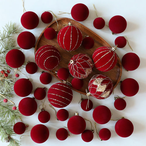 圣远新款天鹅绒圣诞球套装圣诞树植绒彩绘圣诞球装饰品橱窗挂件