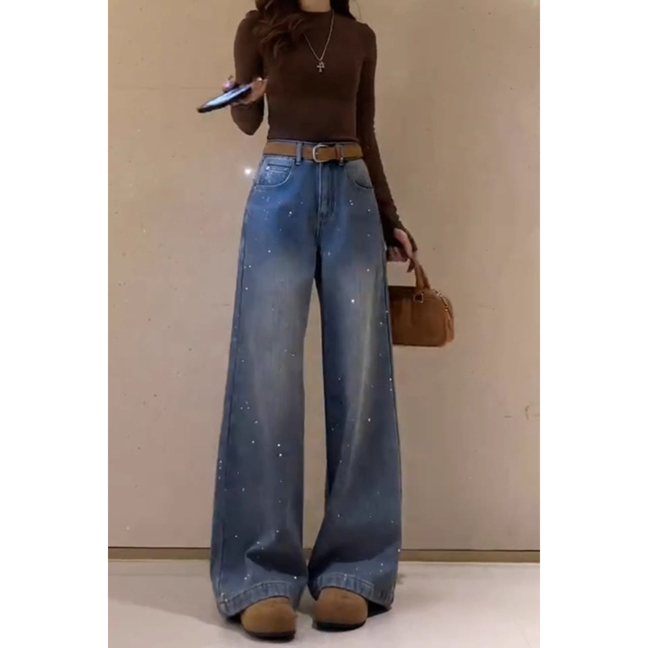 复古加绒重工烫钻阔腿牛仔裤女2025秋冬季新款高腰垂感直筒拖地裤,女装/女士精品,牛仔裤,淘宝优惠券,粉丝福利购,淘宝优惠卷