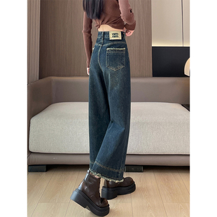 加绒复古直筒牛仔裤女秋冬新款高腰宽松显瘦小个子九分毛边阔腿裤