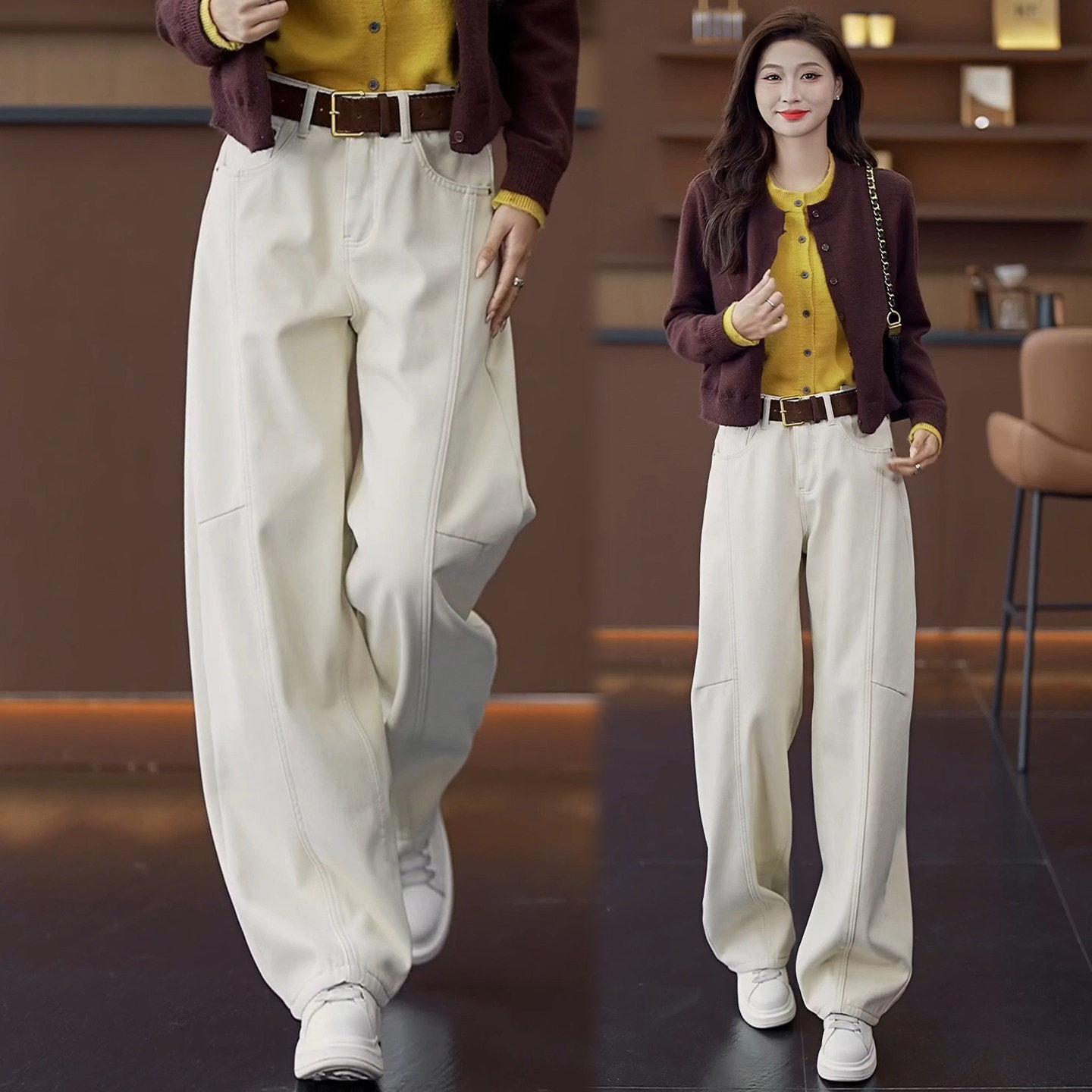 米白色加绒弯刀牛仔裤女秋冬2026新款慵懒风高腰宽松休闲阔腿裤子,女装/女士精品,大码裤装,淘宝优惠券,粉丝福利购,淘宝优惠卷