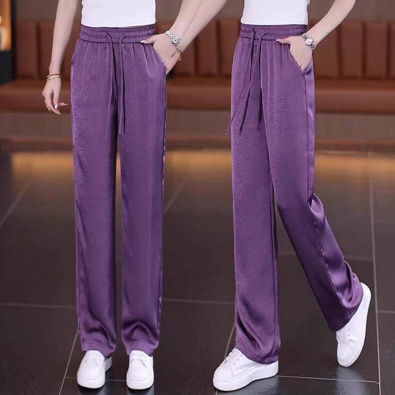 紫色冰丝阔腿裤女夏薄款2026新款松紧高腰垂感休闲醋酸缎面直筒裤,女装/女士精品,大码裤装,淘宝优惠券,粉丝福利购,淘宝优惠卷