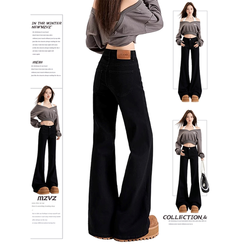 MZV黑色加绒低腰微喇牛仔