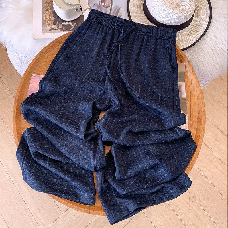 蓝色竖条纹亚麻阔腿裤女夏季薄款2026新款麻料凉凉天丝棉麻直筒裤,女装/女士精品,休闲裤,淘宝优惠券,粉丝福利购,淘宝优惠卷