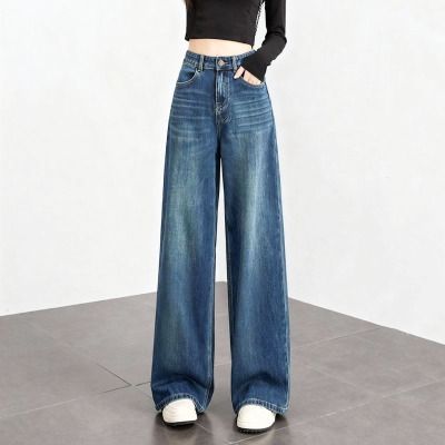 复古蓝加绒直筒牛仔裤女秋