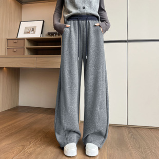 休闲宽松bf慵懒风运动加绒阔腿弯刀裤 浅灰色糯米裤 女秋冬2025新款