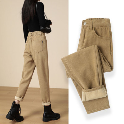 牛仔裤高腰卡其色直筒宛棠长裤