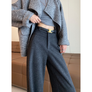 子 长裤 灰色羊毛呢阔腿裤 女秋冬加绒加厚高腰垂感醋酸糯米直筒西装