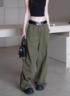 美式复古军绿色弯刀牛仔裤女秋季2025新款低腰宽松直筒拖地阔腿裤