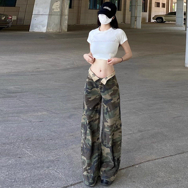 辣妹低腰迷彩工装裤女秋季宽松美式复古翻腰小个子设计感牛仔裤子,女装/女士精品,牛仔裤,淘宝优惠券,粉丝福利购,淘宝优惠卷