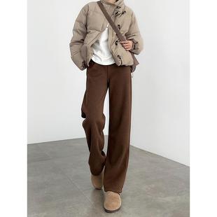 加绒人字纹阔腿裤 美拉德棕咖色裤 子女秋冬高腰直筒毛呢小个子窄版