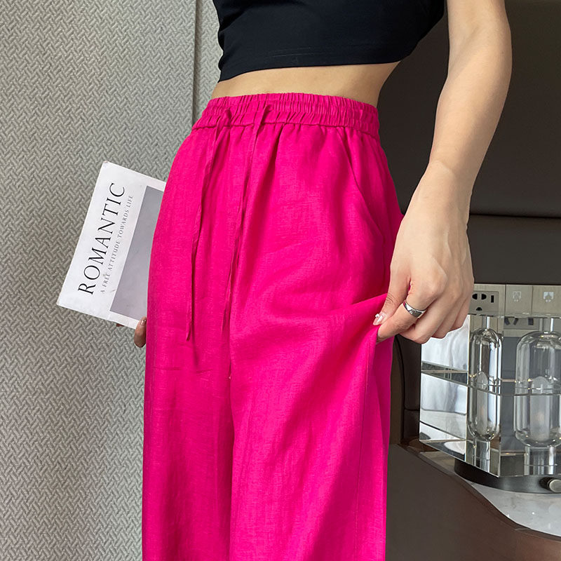 玫红色天丝亚麻阔腿裤女休闲2025新款夏季薄款火龙果粉色棉麻裤子