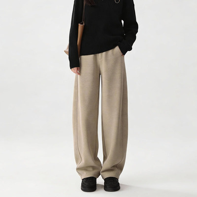 羊毛蚕丝毛呢香蕉裤阔腿裤女2025冬季新款弯刀休闲运动裤加绒裤子