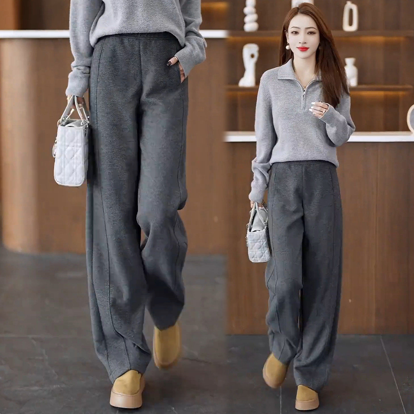 醋酸羊毛呢弯刀裤女秋冬2026新款松紧高腰宽松显瘦休闲加绒阔腿裤,女装/女士精品,大码裤装,淘宝优惠券,粉丝福利购,淘宝优惠卷