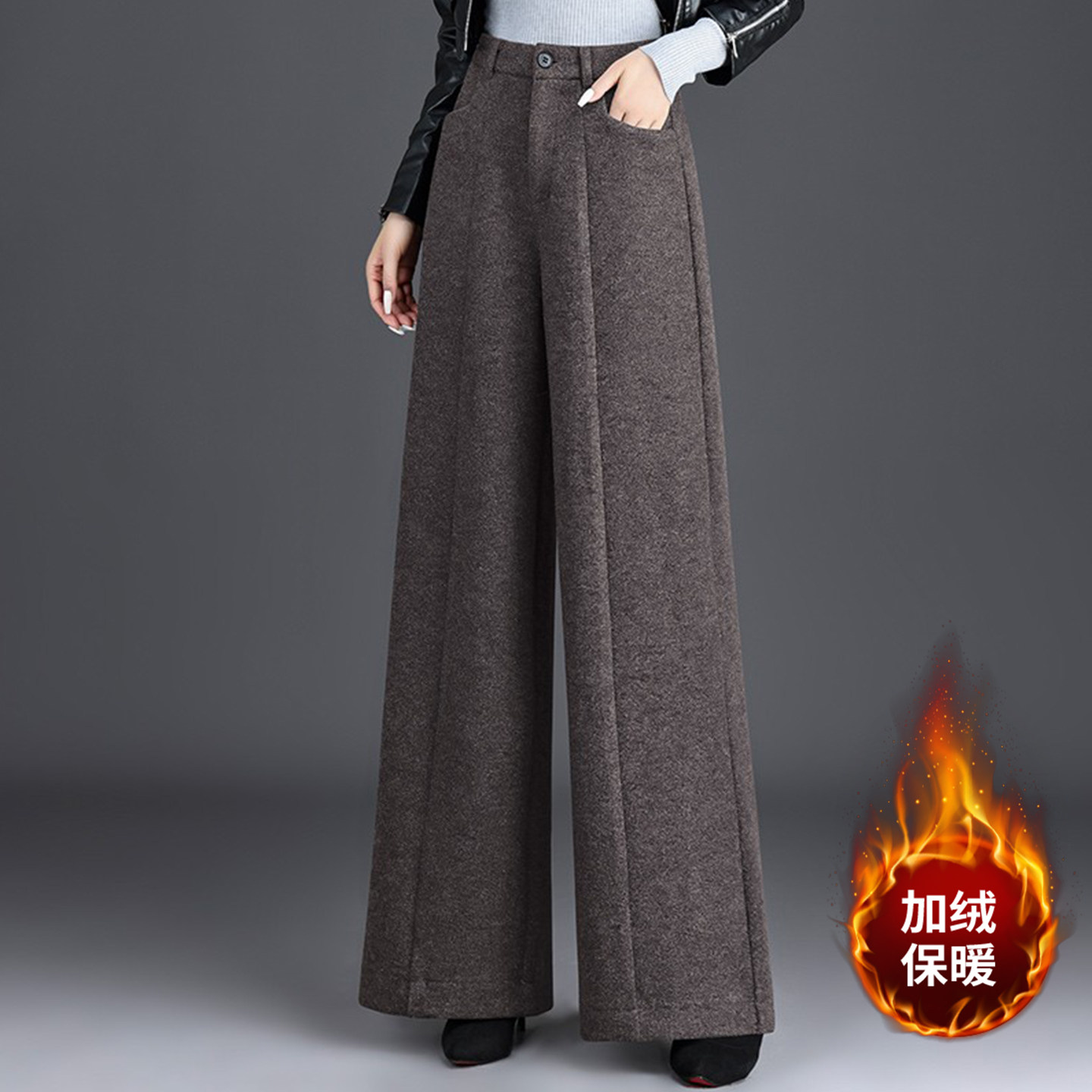 加绒加厚毛呢阔腿裤女2026秋冬季新款宽松大脚直筒裤休闲咖色裤子