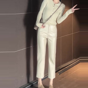 杏色加绒pu皮裤女款2026新款冬季高腰显瘦垂感小个子九分直筒裤冬