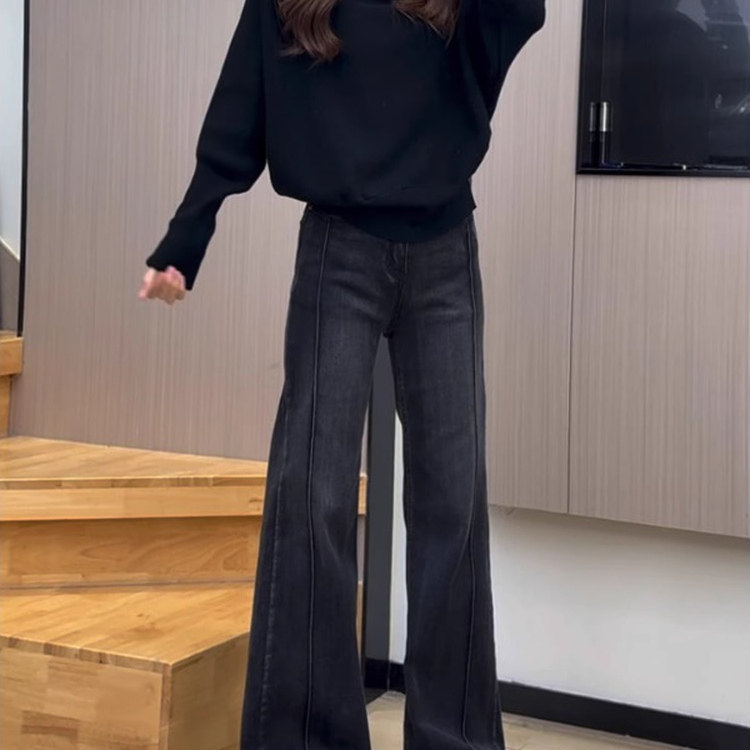 黑灰色加绒高腰直筒微喇牛仔裤女2025冬季新款小个子不贴腿喇叭裤,女装/女士精品,牛仔裤,淘宝优惠券,粉丝福利购,淘宝优惠卷