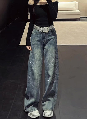 满天星烫钻蓝色小个子显瘦阔腿牛仔裤女2026春季新款加绒弯刀裤子