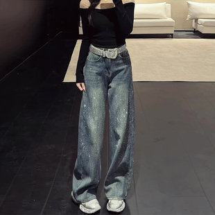 满天星烫钻蓝色小个子显瘦阔腿牛仔裤女2026春季新款加绒弯刀裤子