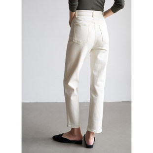 梨涡的海 白色高腰修身显瘦春秋梨形身材牛仔裤女九分烟管直筒裤