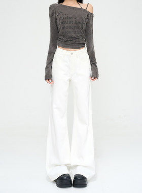 弄格白色加绒牛仔裤女冬季2026新款高个子加长三防垂感高腰微喇裤