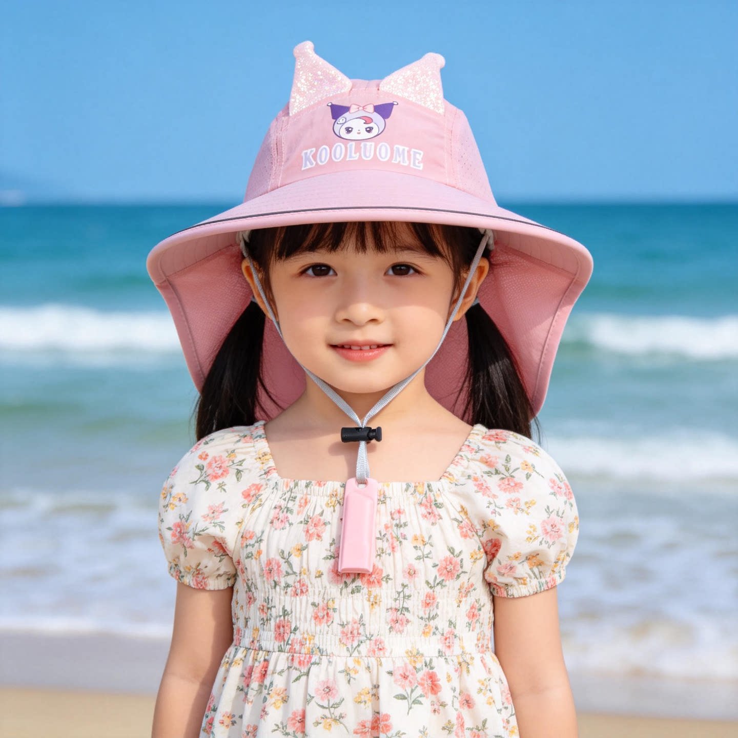 女童防晒帽3-6岁夏季女孩宝宝大檐卡通遮阳帽护颈速干披肩太阳帽