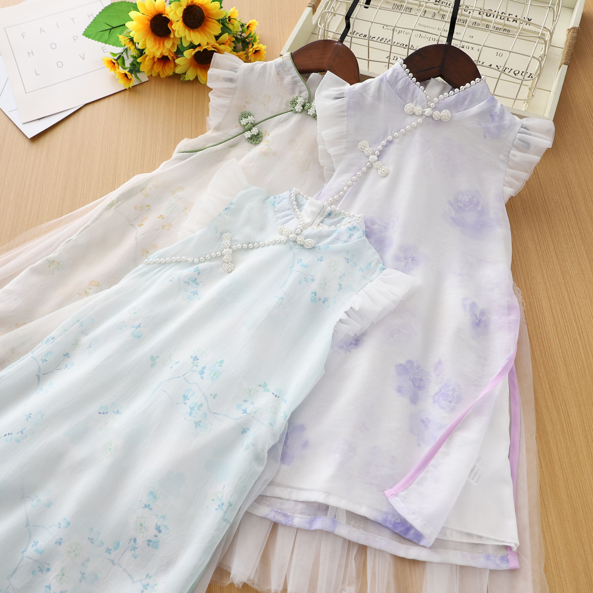 女童夏季新中式花卉飘纱旗袍裙