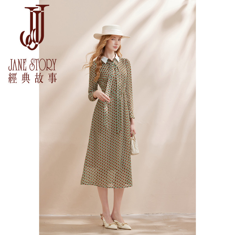 经典故事2026年新款高级感印花雪纺连衣裙女秋季长裙系带领衬衫裙
