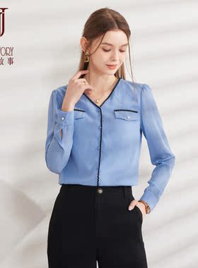 西装内搭V领雪纺蓝色衬衫女26年春季新款高端精致衫衣雪纺衫上衣