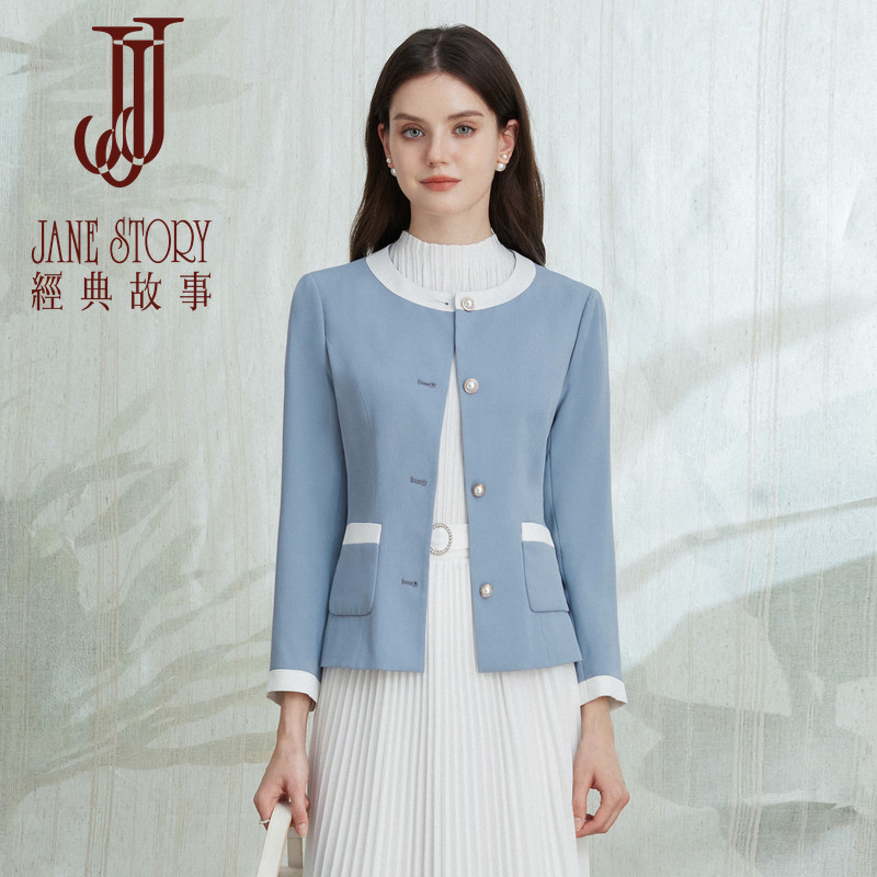 经典故事2026新款蓝色圆领小西装外套女秋季品牌通勤短款西服上衣