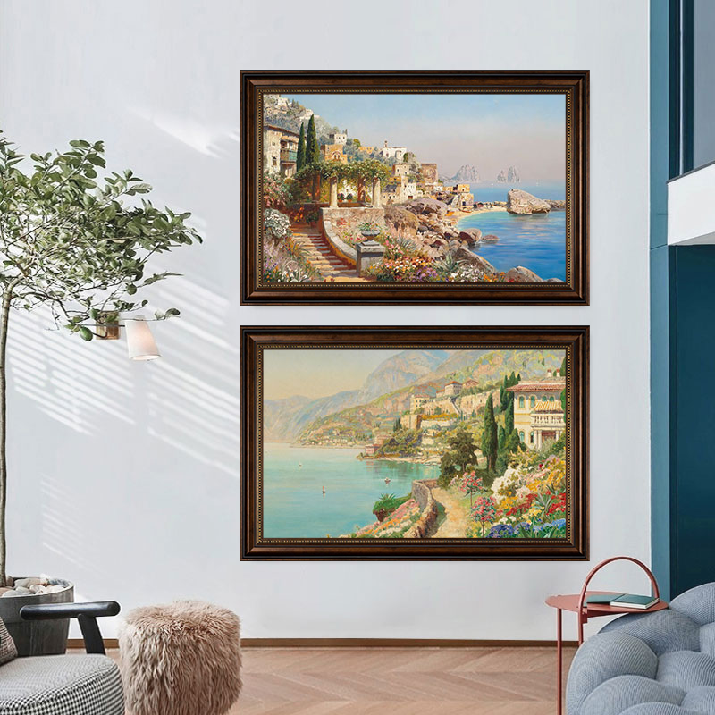 客厅餐厅欧式建筑风景装饰画治愈系地中海风情壁画玄关复古框壁画