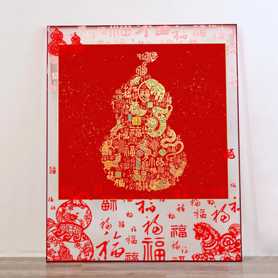 新中式玄关亚克力框装饰画喜庆福葫芦丝巾装裱挂画红色好寓意摆画