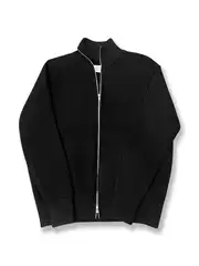 High-Neck Double-Zipper Warm Versatile Cardigan Sweater with Four-Corner Logo Design, High-Weight Fleece-Lined and Thickened Knitwear