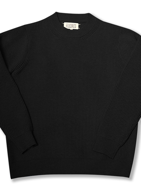 四角缝线标设计纯色圆领套头针织衫黑色经典条纹保暖毛衣男女同款