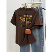 胖mm穿搭2025夏季 女装 200斤时髦复古圆领印花上衣 t恤大码 正肩短袖