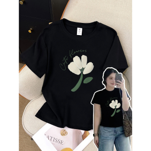 大码 短袖 2025新款 爆款 遮肚子花朵印花圆领正肩T恤200斤上衣 女款
