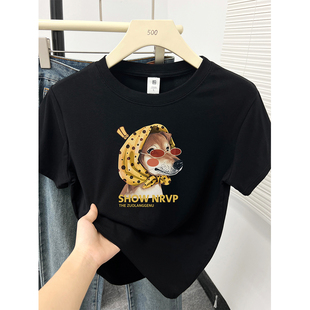 t恤女装 黑色正肩短袖 胖MM遮肚子显瘦休闲圆领上衣潮 新款 2026夏季