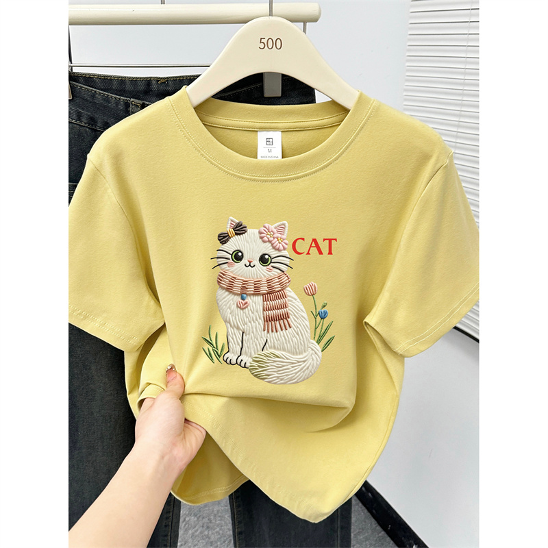 洋气可爱猫咪印花正肩特大码女装短袖T恤夏200斤胖MM遮肉显瘦上衣