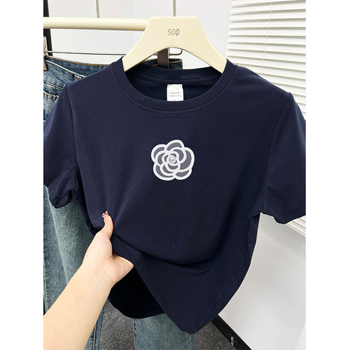 胖mm圆领花朵印花正肩短袖T恤夏季时髦大码女装半袖显瘦上衣潮