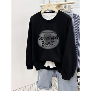 长袖 宽松大码 套头上衣 加绒加厚韩版 黑色圆领正肩卫衣女2025秋冬款