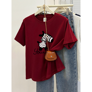 2026新款红色正肩圆领短袖t恤女爆款胖mm大码穿搭遮肚子显白上衣