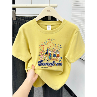 流行卡通圆领正肩体恤衫 短袖 姜黄色时尚 2025新款 上衣潮 T恤女夏季