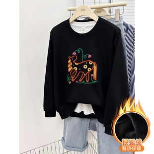 套头衫 正肩黑色圆领卫衣女装 加绒加厚胖mm大码 秋冬季 上衣 2026新款