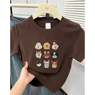 小个子洋气显瘦百搭棕色圆领上衣 小狗印花夏季 正肩短袖 T恤女美式