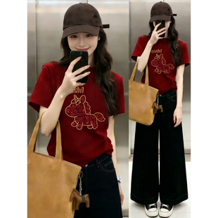 T恤女胖mm显瘦遮肚圆领本命年小马上衣 正肩短袖 2026春夏新款 大码