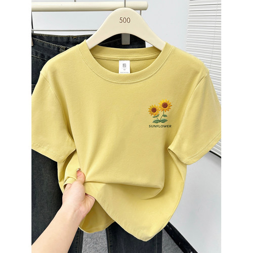 姜黄色向日葵印花短袖T恤女2026夏圆领正肩大码百搭基础半袖上衣
