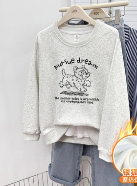 白灰色圆领正肩卫衣女秋冬季加绒加厚韩版宽松大码套头衫无帽上衣