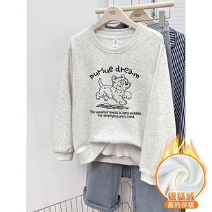 套头衫 宽松大码 无帽上衣 加绒加厚韩版 白灰色圆领正肩卫衣女秋冬季