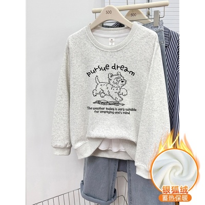 白灰色圆领正肩卫衣女秋冬季加绒加厚韩版宽松大码套头衫无帽上衣