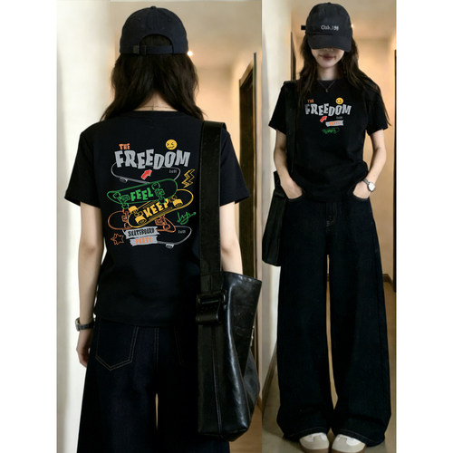 时尚潮牌设计感前后印花大码正肩短袖t恤女2026夏季新款圆领上衣